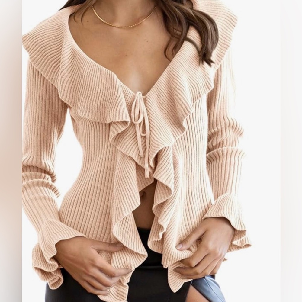 Goranbon Women’s V Neck Cardigan Sweater Ruffle Long Sleeve Loose Sweater